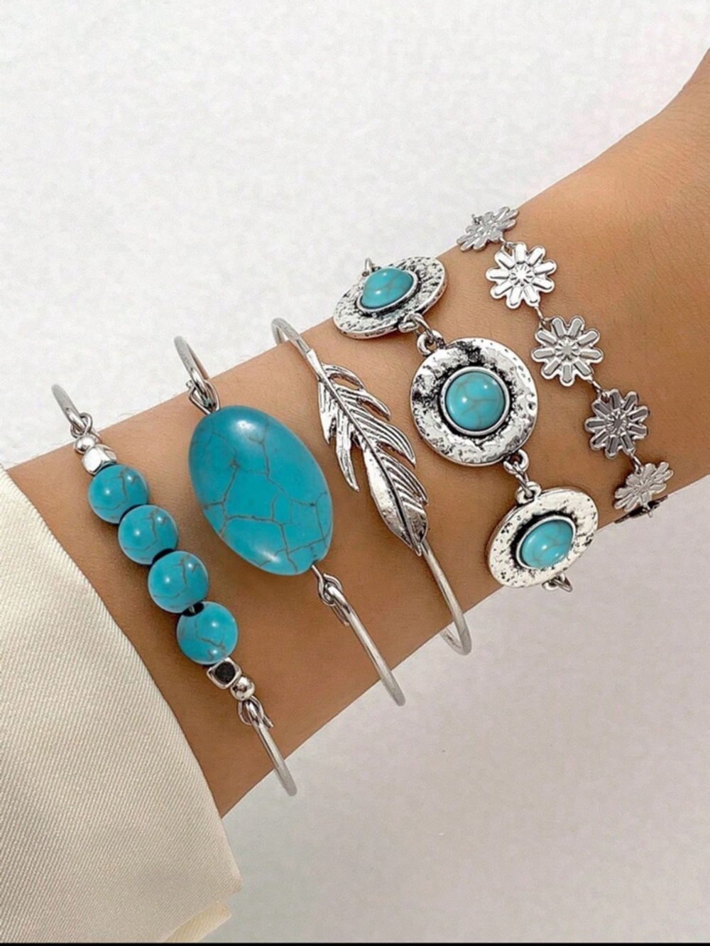 Turquoise Silver-Tone Stackable Bracelet Set - Women Jewelry